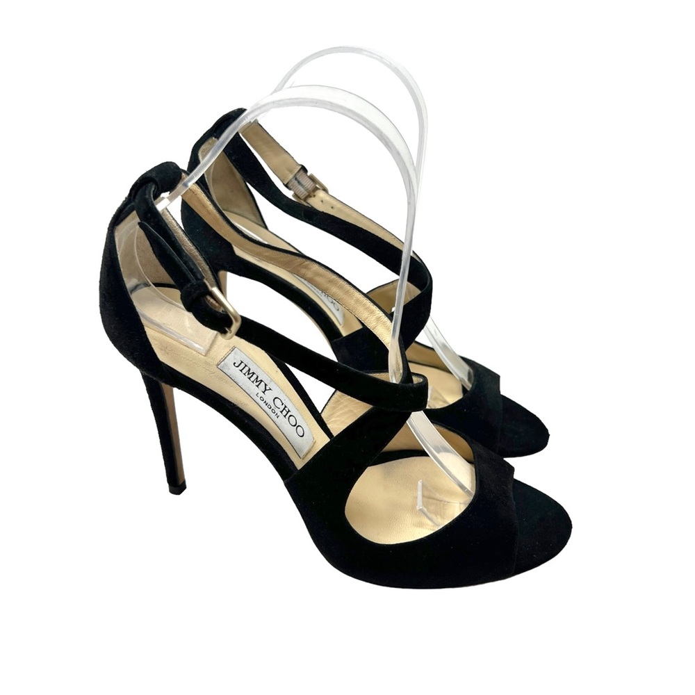 Jimmy Choo Emily Black Suede Criss Cross Strappy Peep Toe Heels